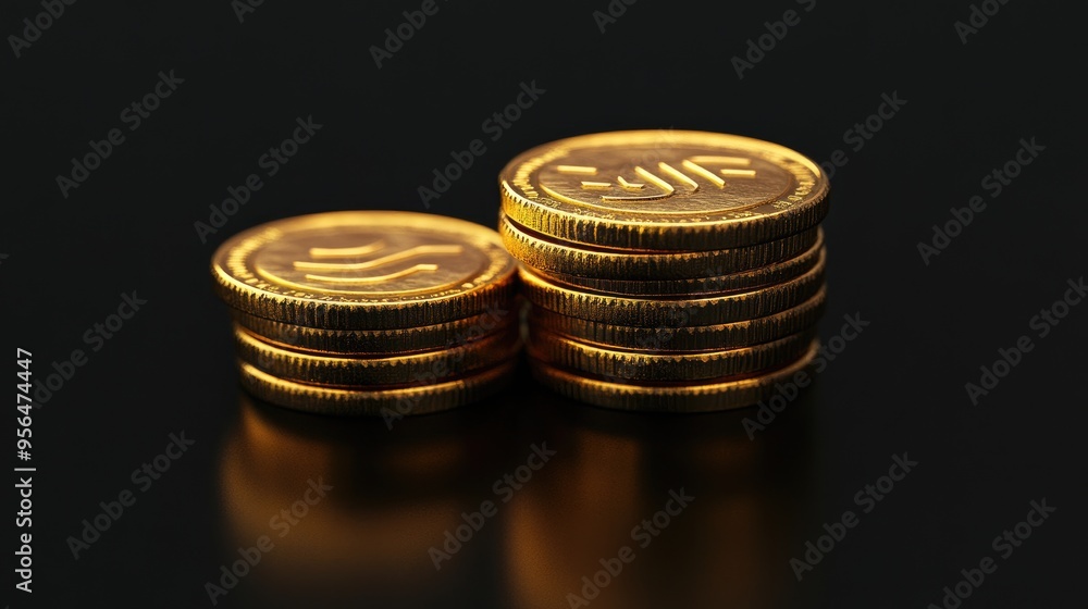 Poster a close-up of a stack of gold coins on a black background. the coins are shiny and reflect the light