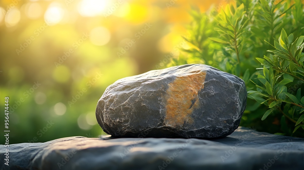 Aufkleber product display podium Rock Stone with blurred background with sunlight shadow : Generative AI