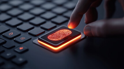 Close-up of a finger pressing a glowing fingerprint sensor on a keyboard, highlighting modern technology and security features.