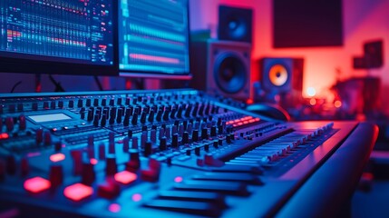 Empty studio at home equipped with mixing soundboard panel and other musical instruments music industry recording Modern space with electronic controls and daw software on pc Camera A : Generative AI