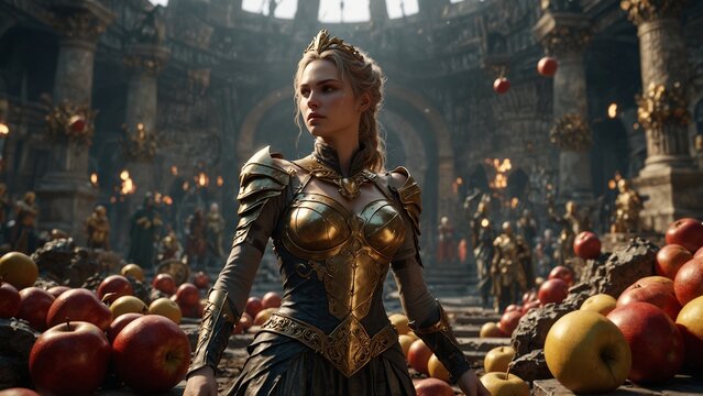A statue of Eris standing on a chaotic battlefield, holding a golden apple, with a scene of frenzied combat as the backdrop.