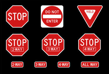 Red road signs set, stop, yield, do not enter. Vector