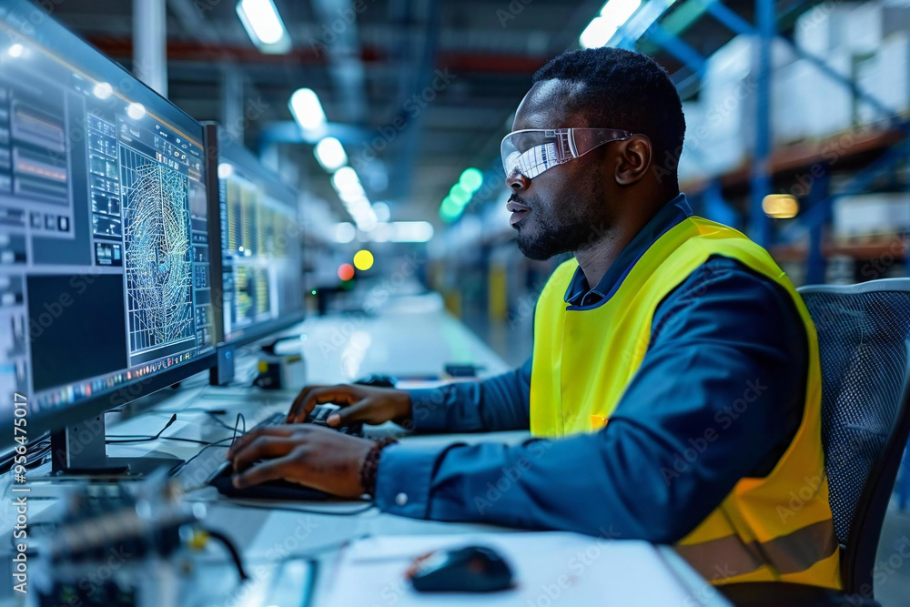 Aufkleber Engineer Creating 3D CAD Model Design on Computer in Factory