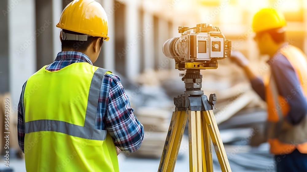 Fototapete Civil engineer with personal safety equipment checking and consult with construction site foreman technician for inspect building construct process during follow up process Engineering : Generative AI