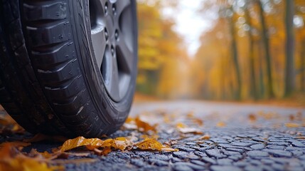 Winter tires on a asphalt road Four wheel off Change a summer tyre Forest road with trees in blurred background Change for new tire : Generative AI