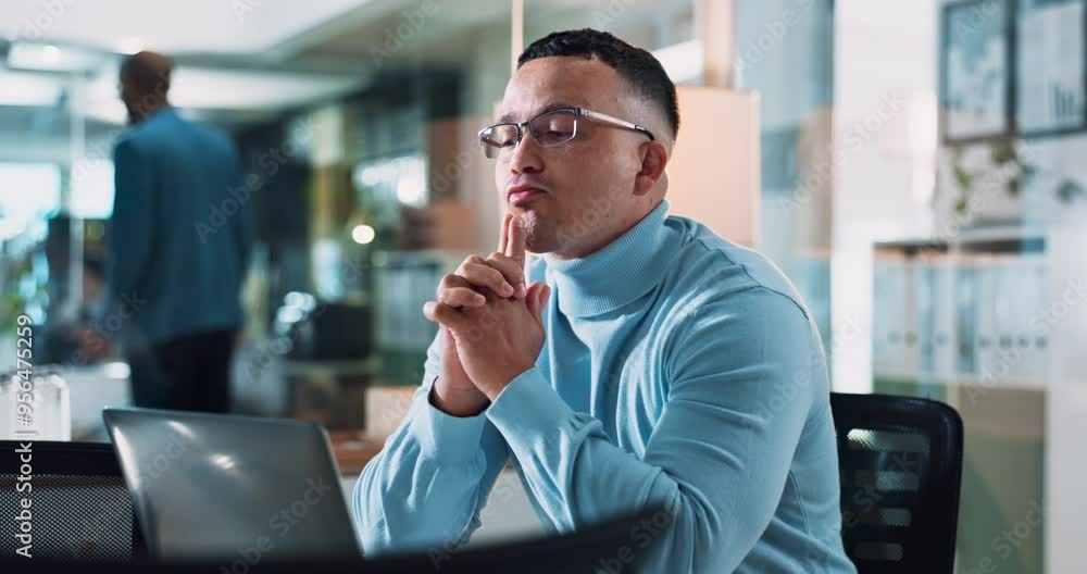 Fototapete Office, thinking and man with laptop at desk for information technology, server and processing solution. Programming, business and developer with tech for backend development, testing and debugging