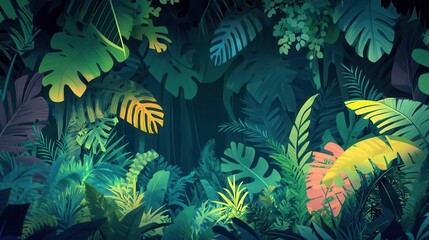Dense jungle leaves and depth, flat design, side view, rainforest retreat theme, cartoon drawing, Complementary Color Scheme
