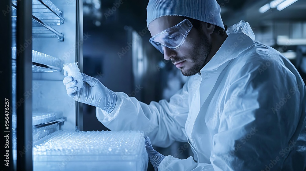 Poster a scientist removing frozen samples from z freezer : generative ai