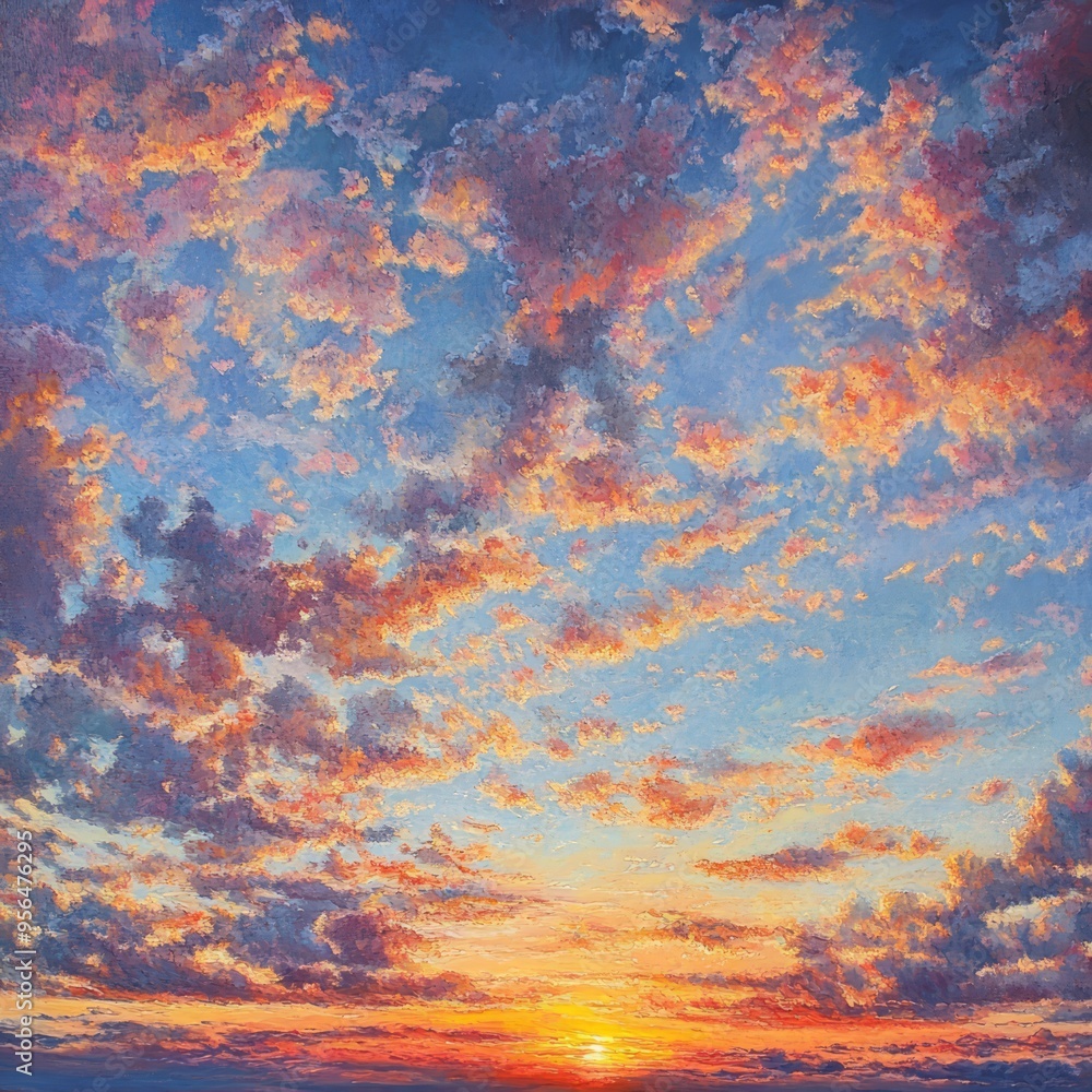 Wall mural A vibrant sunset with a sky filled with colorful clouds.