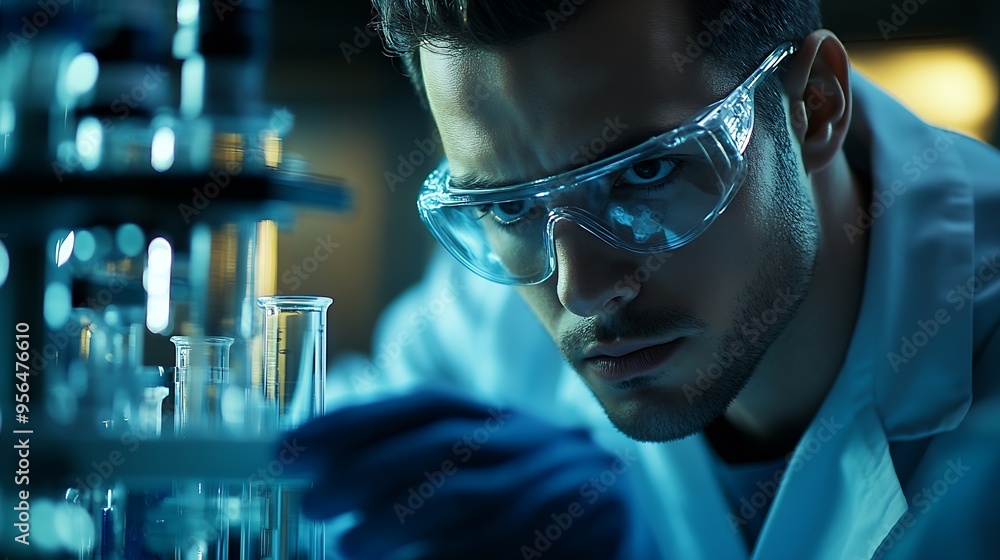 Poster in a modern laboratory research scientist conducts experiments : generative ai