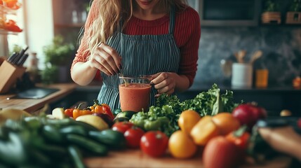 Mature woman with fresh vegetables and fruits making healthy smoothie in kitchen : Generative AI - Powered by Adobe