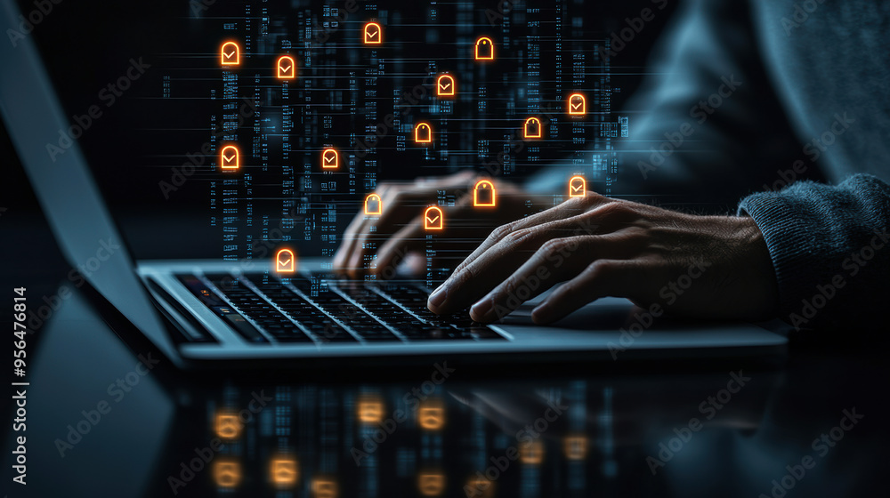 Poster a person typing on a laptop with digital security icons, symbolizing cybersecurity and data protecti