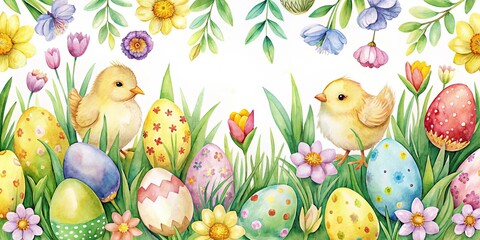 Watercolor of Easter eggs, chick, and spring flowers in a pattern for designs