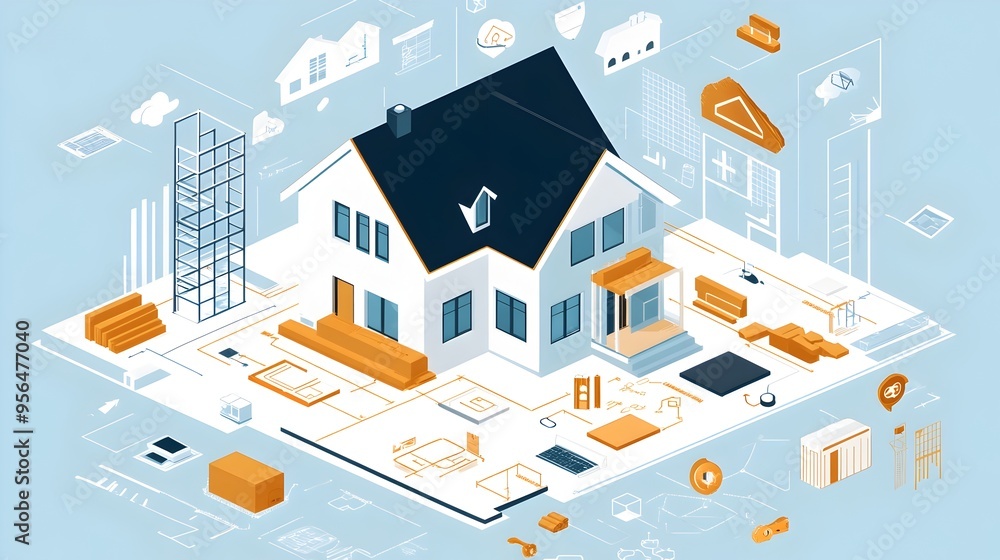 Poster minimalist infographic showcasing the initial planning and design phase of building a house the flat