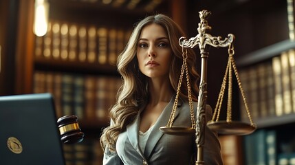 Statue of Justice and female lawyer in suit at workplace with laptop gavel and femida in office Law legal services advice Justice and real estate concept : Generative AI