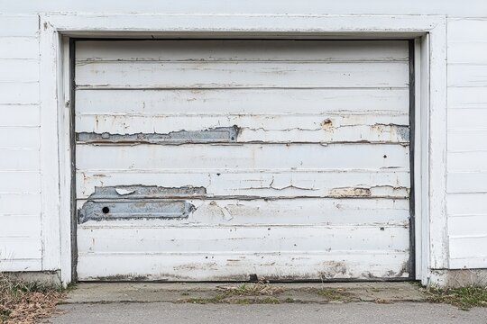 A white garage door with peeling paint. This image shows the wear and tear of an old garage door, perfect for illustrating neglect or the passage of time.