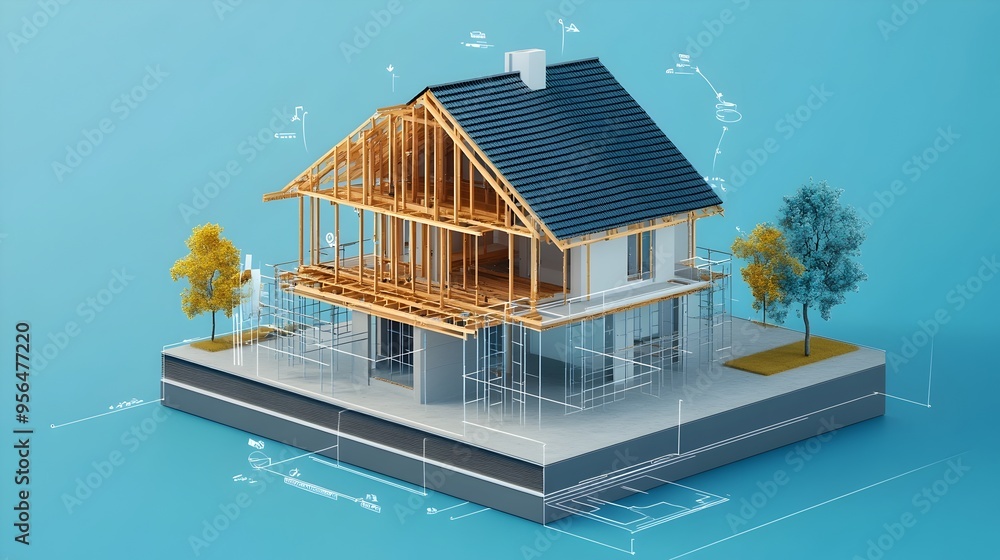 Poster detailed infographic showcasing the construction process and framework of a house technical diagram 