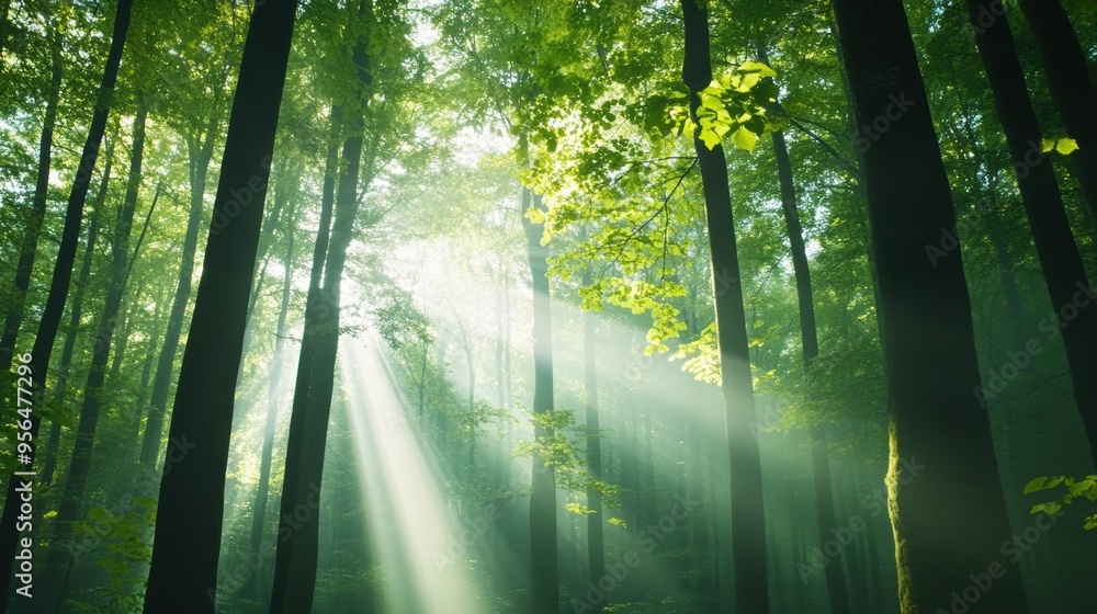 Poster a hyper-lapse of a dense forest with sunlight filtering through the trees, as shadows shift and leav