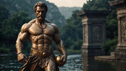 Fototapeta premium A statue of Cronus standing by the river of time, holding an hourglass, with an endless flow of time as the backdrop.