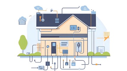 Fototapeta premium Comprehensive Infographic Diagram Detailing the Installation of Electrical Wiring and Plumbing Fixtures for Home Building and Renovation Projects
