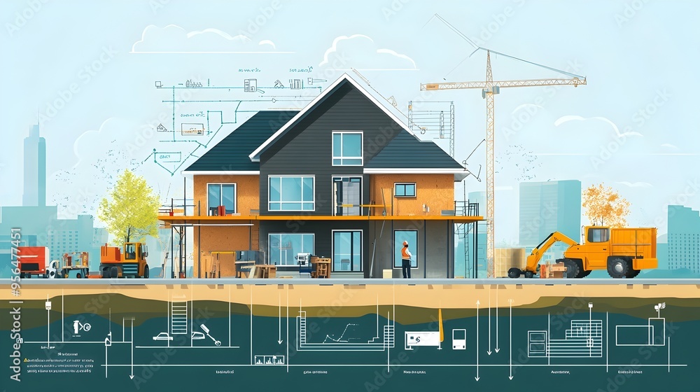 Poster detailed infographic visualizing the final inspection and completion process for a residential house