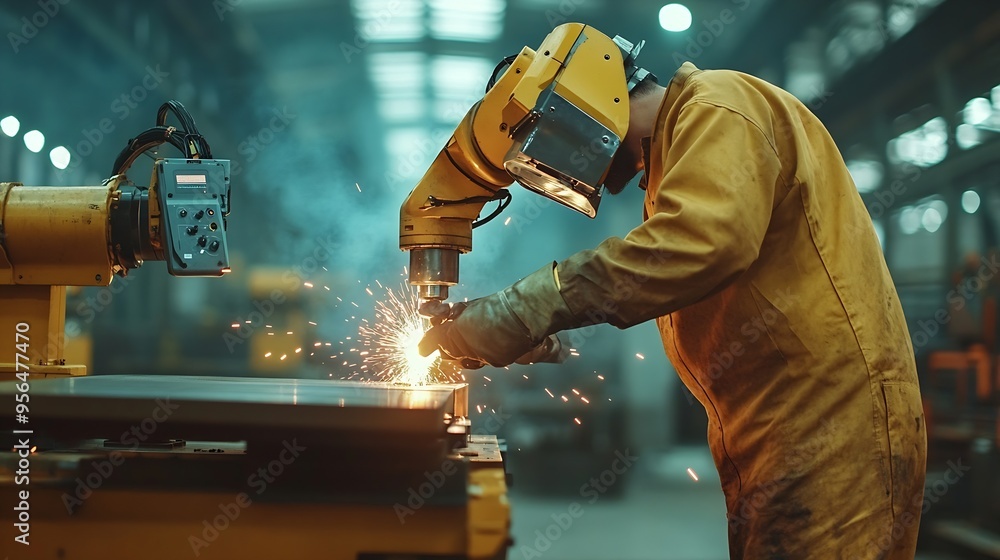 Leinwandbilder Engineers team mechanic using computer controller Robotic arm for welding steel in steel factory workshop Industry robot programming software for automated manufacturing technology : Generative AI