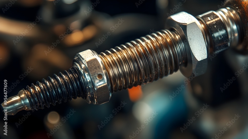Poster macro photography showcasing the intricate installation process of a spark plug highlighting the det