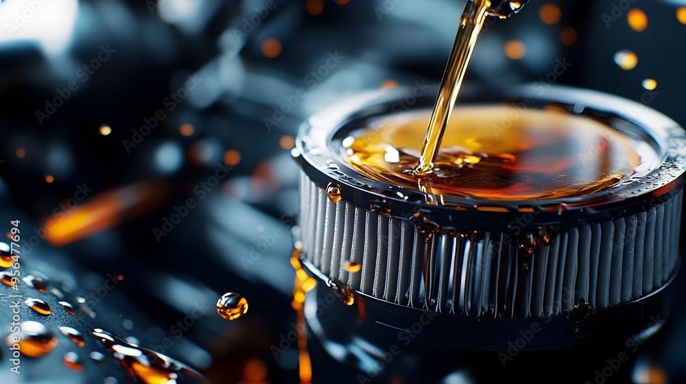 Poster detailed macro photograph showcasing the process of removing an oil filter from an engine emphasizin