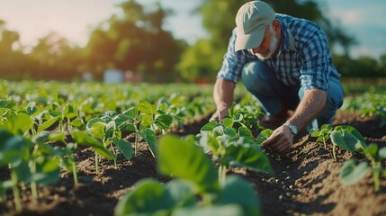 Farmer is cultivating soybean on his land He is examining progress of crops : Generative AI