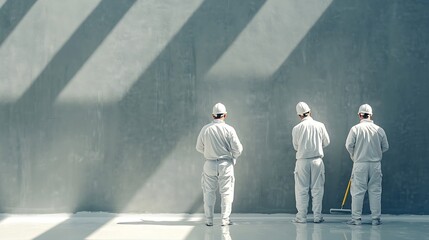 Back view of a team of professional painters in white clothes painting a grey wall in empty room with paint roller Building contractors doing repair renovation in client house Repair c : Generative AI