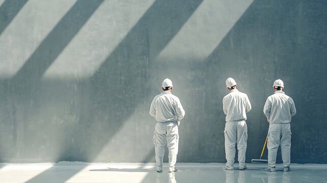 Back view of a team of professional painters in white clothes painting a grey wall in empty room with paint roller Building contractors doing repair renovation in client house Repair c : Generative AI