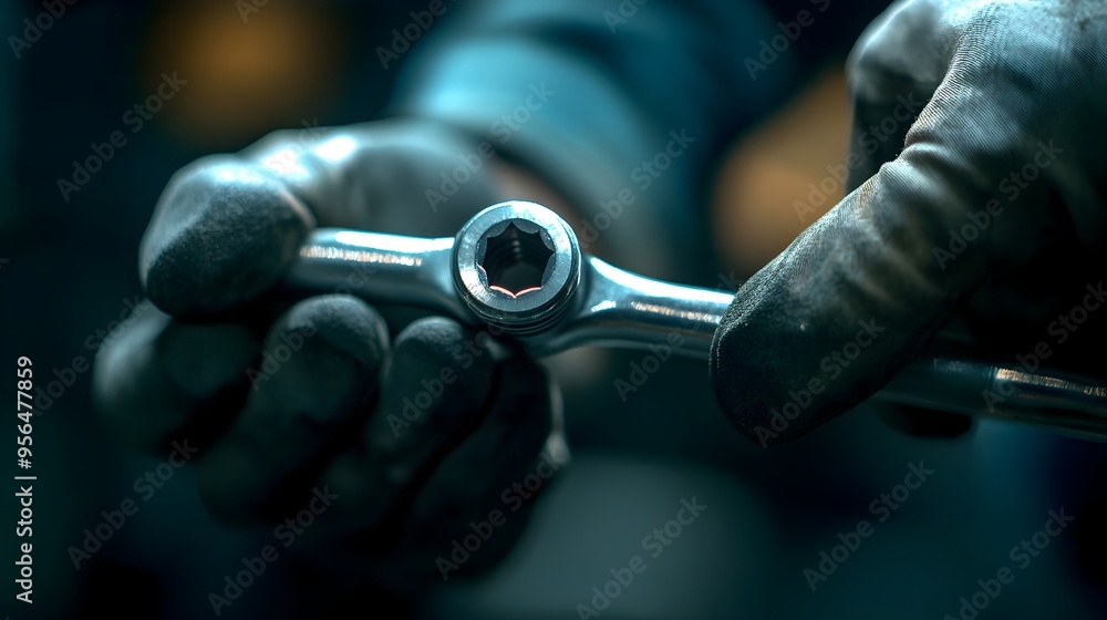 Poster a close up macro photography of a mechanic s hand tightly gripping a ratchet tool highlighting the i