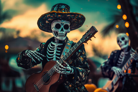 Ghostly skeleton Mariachi band arisen on Halloween and Day of the Dead or Dia de los muertos