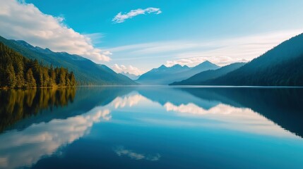 a hyper-lapse of a tranquil lake with reflections of surrounding mountains and moving clouds on the water's surface, emphasizing the peacefulness of the natural environment