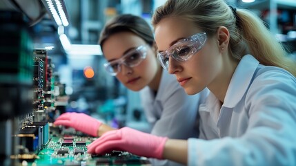 Two female engineers working with computer chips in electronics lab : Generative AI