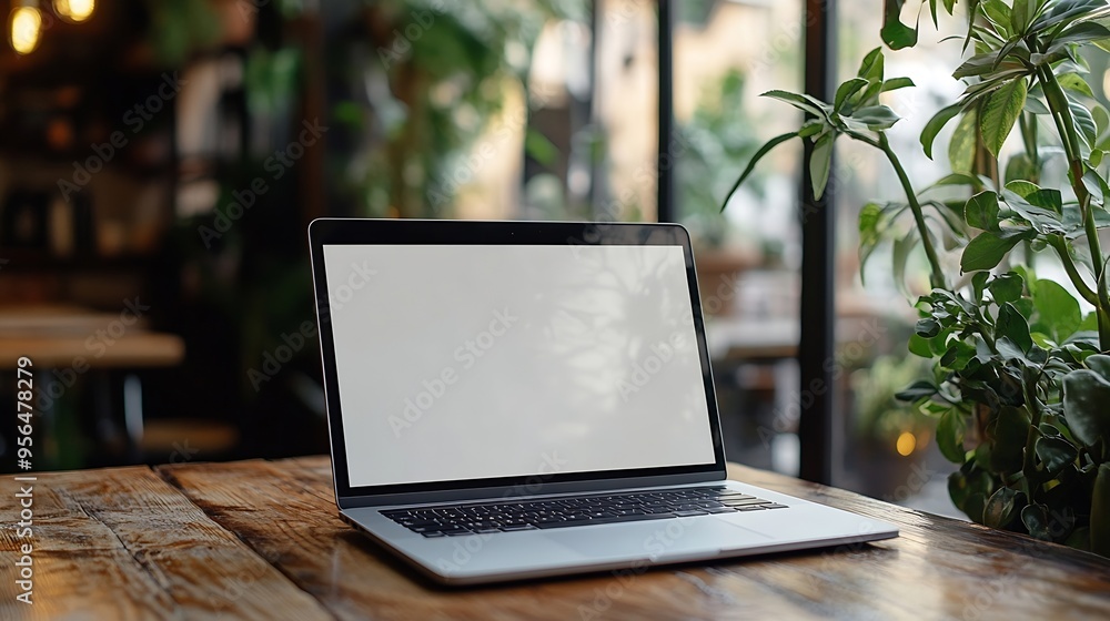 Aufkleber Blank screen open laptop computer on wooden table mockup laptop : Generative AI