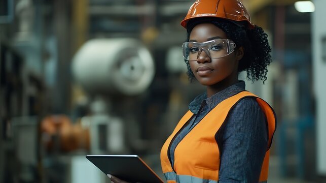 Portrait African American female engineer with tablet working in heavy metal industrial factory Confident technician woman wearing vest and helmet safety standing at the manufacturing : Generative AI