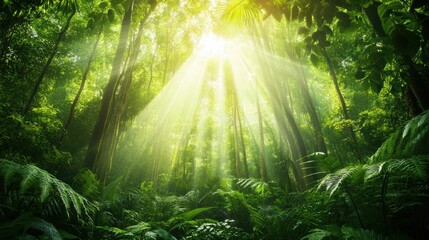 a lush forest with sunlight filtering through the trees, a peaceful and serene environment