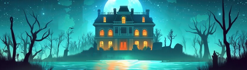 Haunted mansion glowing under the moonlight, flat design, front view, paranormal theme, water color, Triadic Color Scheme