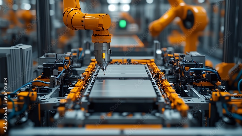 Aufkleber front view electric car battery manufacturing line industrial robot arms assemble lithiumion ev batt