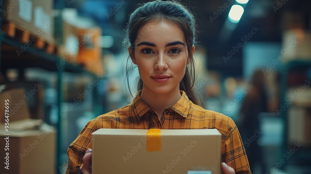 Poster Portrait of a businesswoman holding a box and typing something on a keyboard while preparing package information Postal service and small business concept : Generative AI