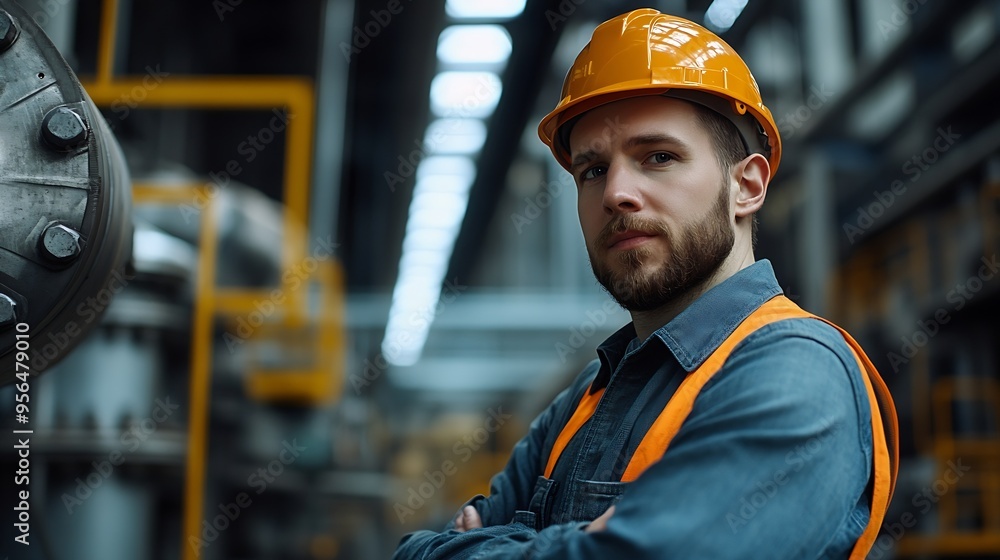 Poster professional technician engineer with safety helmet hard hat working in industrial manufacturing fac