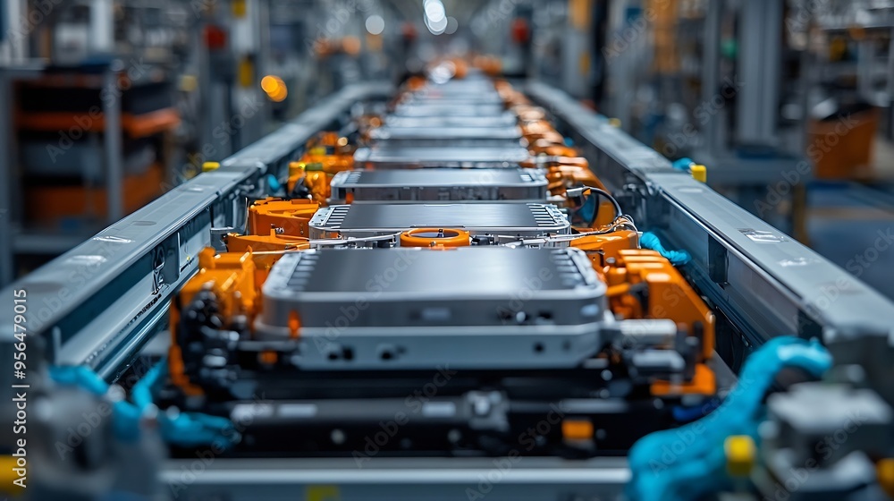 Aufkleber lithiumion ev battery pack assembly process electric car manufacturing inside automotive factory row