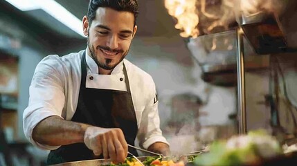 Handsome hispanic chef cooking at kitchen at home : Generative AI