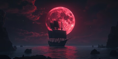 A ghost ship sailing under a blood-red moon 