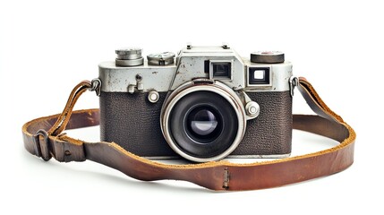 Vintage film camera with leather strap isolated on white background.
