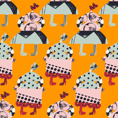 Stylized seamless pattern with women in dresses, made of simple geometric textured shapes. Fashion print, vector design, orange background