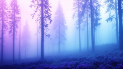 a misty forest in the early morning, with tall trees and soft light filtering through the fog, a mystical and serene natural environment