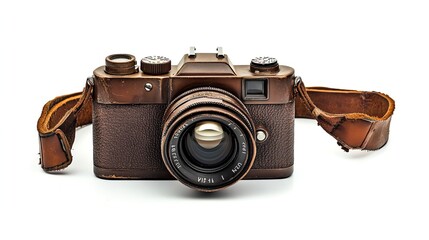 Vintage camera with leather strap on white background.
