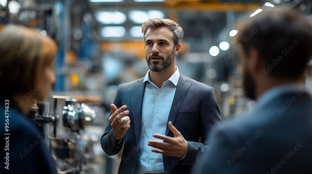 Poster young businessman discussing with colleagues in factory : generative ai